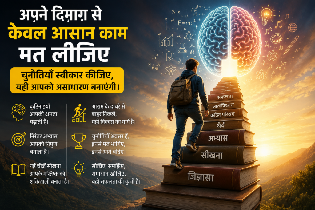 "हर नई चुनौती आपके मस्तिष्क को पहले से अधिक मजबूत, रचनात्मक और सफल बनाती है। आसान नहीं, सीखने वाले रास्ते चुनिए।" अपने दिमाग़ से केवल आसान काम मत लजिए